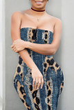 Khaki Sexy Faux Denim Print Leopard Contrast Strapless Printed Dresses