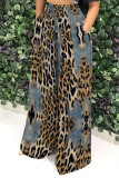 Dark Blue Casual Faux Denim Print Leopard Pocket Contrast Loose High Waist Wide Leg Full Print Bottoms