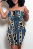 Khaki Sexy Faux Denim Print Leopard Contrast Strapless Printed Dresses