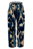Dark Blue Casual Faux Denim Print Leopard Pocket Contrast Loose High Waist Wide Leg Full Print Bottoms