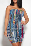 Khaki Sexy Faux Denim Print Leopard Contrast Strapless Printed Dresses