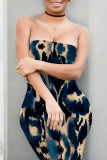 Khaki Sexy Faux Denim Print Leopard Contrast Strapless Printed Dresses