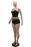 Burgundy Sexy Hot Leopard Patchwork Backless Spaghetti Strap Sleeveless Two Pieces