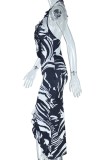 Black White Sexy Print Backless Slit Belted Halter Long Dresses