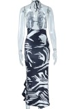 Black White Sexy Print Backless Slit Belted Halter Long Dresses