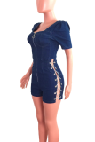 Deep Blue Sexy Solid Color Chains Zipper Square Neck Skinny Rompers