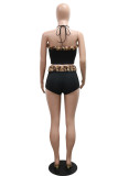 Burgundy Sexy Hot Leopard Patchwork Backless Spaghetti Strap Sleeveless Two Pieces