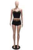 Burgundy Sexy Hot Leopard Patchwork Backless Spaghetti Strap Sleeveless Two Pieces