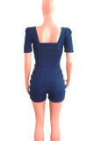 Deep Blue Sexy Solid Color Chains Zipper Square Neck Skinny Rompers