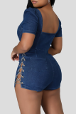 Deep Blue Sexy Solid Color Chains Zipper Square Neck Skinny Rompers