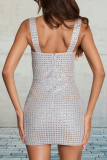 Apricot Sexy Solid Color Hot Drill Zipper Spaghetti Strap Sling Dresses