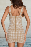 Apricot Sexy Solid Color Hot Drill Zipper Spaghetti Strap Sling Dresses