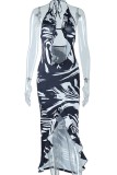 Black White Sexy Print Backless Slit Belted Halter Long Dresses