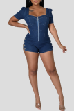 Deep Blue Sexy Solid Color Chains Zipper Square Neck Skinny Rompers