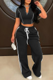 Black Casual Stripe Patchwork Zipper Collar Short Sleeve Two Pieces