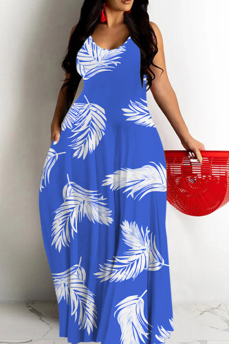 Blue Sexy Floral Print Contrast O Neck Printed Dresses