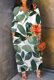 Orange Casual Floral Print Pocket Contrast V Neck Printed Plus Size Dresses