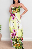 Light Green Sexy Floral Print Butterfly Pocket Contrast O Neck Printed Dresses
