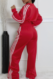 Green Casual Stripe Pocket Patchwork Zipper Zipper Collar Long Sleeve Two Pieces