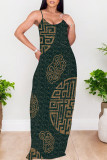 Ink Green Casual Geometric Print Pocket Contrast O Neck Printed Dresses