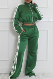 Green Casual Stripe Pocket Patchwork Zipper Zipper Collar Long Sleeve Two Pieces