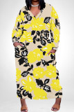 Orange Casual Floral Print Pocket Contrast V Neck Printed Plus Size Dresses