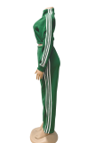 Green Casual Stripe Pocket Patchwork Zipper Zipper Collar Long Sleeve Two Pieces