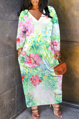 Green Casual Floral Print Pocket Contrast V Neck Printed Plus Size Dresses