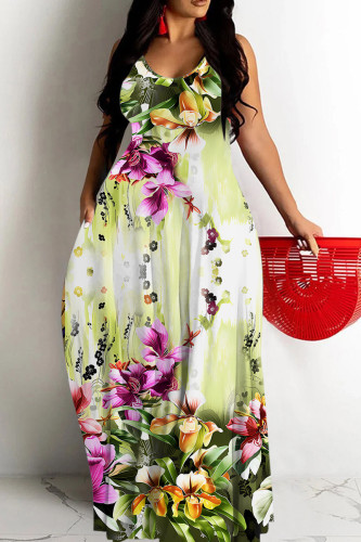 Light Green Sexy Floral Print Butterfly Pocket Contrast O Neck Printed Dresses