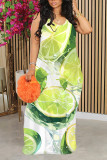 Orange Casual Fruit Print Contrast O Neck Printed Dresses