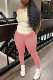 Pink Casual Patchwork Contrast O Neck Long Sleeve Two Pieces