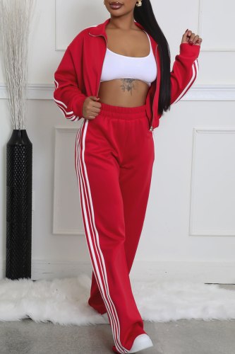 Red Casual Stripe Pocket Patchwork Zipper Zipper Collar Long Sleeve Two Pieces