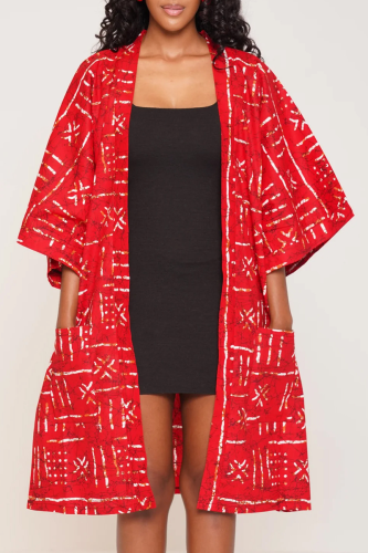 Red Casual Print Pocket Patchwork Cardigan Collar Outerwear