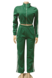 Green Casual Stripe Pocket Patchwork Zipper Zipper Collar Long Sleeve Two Pieces