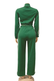 Green Casual Stripe Pocket Patchwork Zipper Zipper Collar Long Sleeve Two Pieces