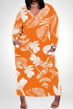 Orange Casual Floral Print Pocket Contrast V Neck Printed Plus Size Dresses