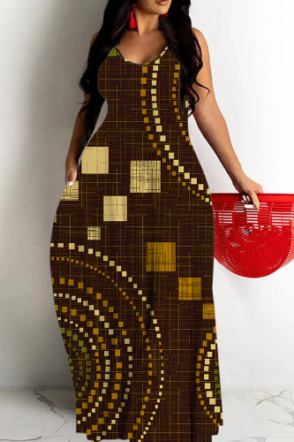 Dark Brown Casual Geometric Print Pocket Contrast O Neck Printed Dresses