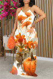 Orange Casual Fruit Print Contrast O Neck Printed Dresses