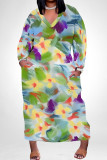 Colour Casual Floral Print Pocket Contrast V Neck Printed Plus Size Dresses