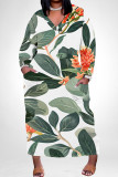 Orange Casual Floral Print Pocket Contrast V Neck Printed Plus Size Dresses