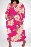 Colour Casual Floral Print Pocket Contrast V Neck Printed Plus Size Dresses