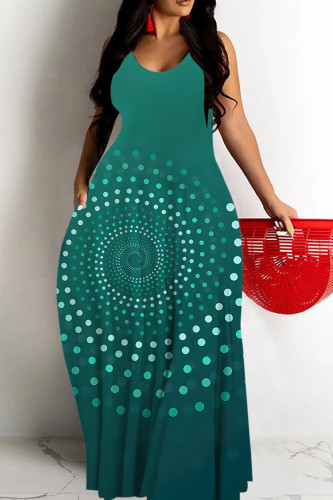 Green Casual Geometric Print Pocket Contrast O Neck Printed Dresses