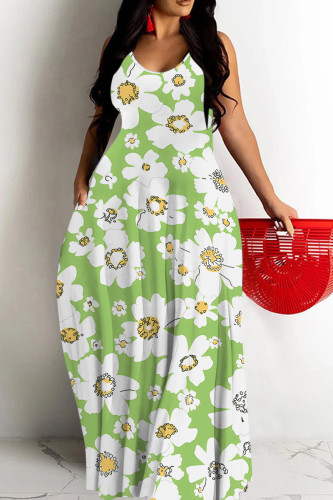 Light Green Sexy Floral Print Contrast O Neck Printed Dresses