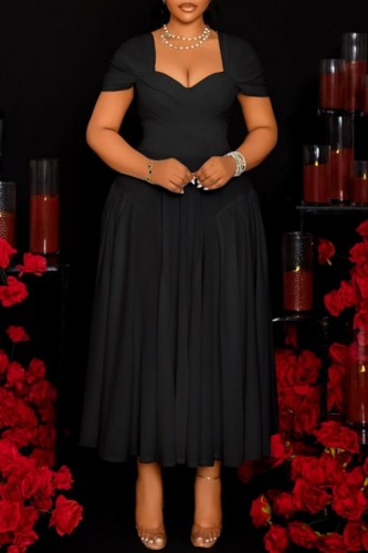 Black Casual Solid Color Patchwork Ruched Square Neck Waist Skirt Plus Size Dresses