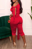Red Casual Solid Color Belted Oblique Collar Sleeveless Two Pieces