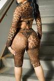 Leopard Print Sexy Hot Leopard Print See-Through Belted Strapless Long Sleeve Three Piece Set