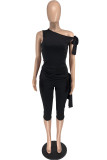 Red Casual Solid Color Belted Oblique Collar Sleeveless Two Pieces