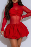 Red Sexy Solid Color Patchwork See-Through Turtleneck Long Sleeve Dresses