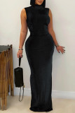 Blue Casual Solid Color Ruched Turtleneck Long Dresses