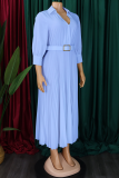 Ink Green Elegant Solid Color Patchwork With Belt Pleated V Neck Long Dresses